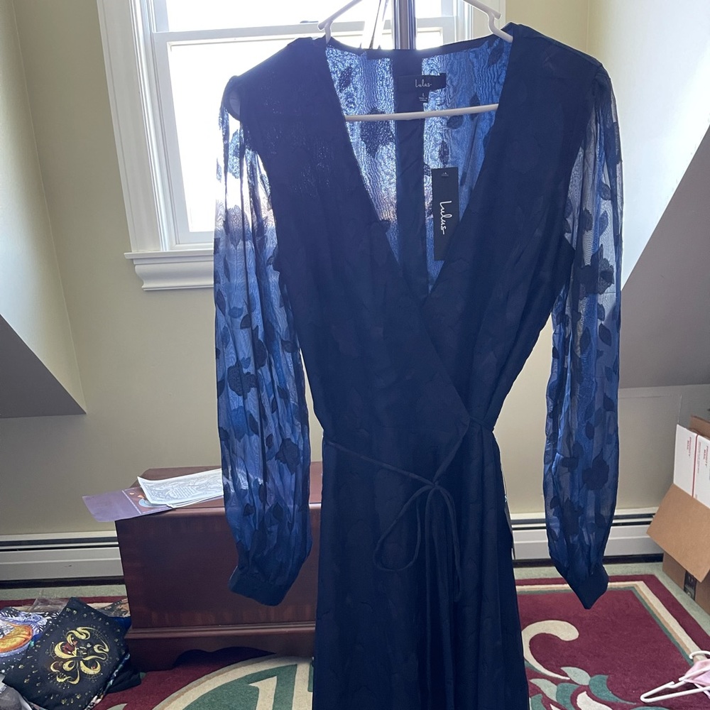 Lulus Evening of Elegance Navy Blue Floral Jacquard Wrap Midi Dress